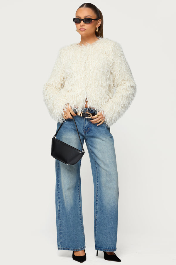 Aleandra Fringed Faux Feather Jacket