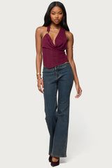 Mimi Asymmetric Textured Mesh Halter Top