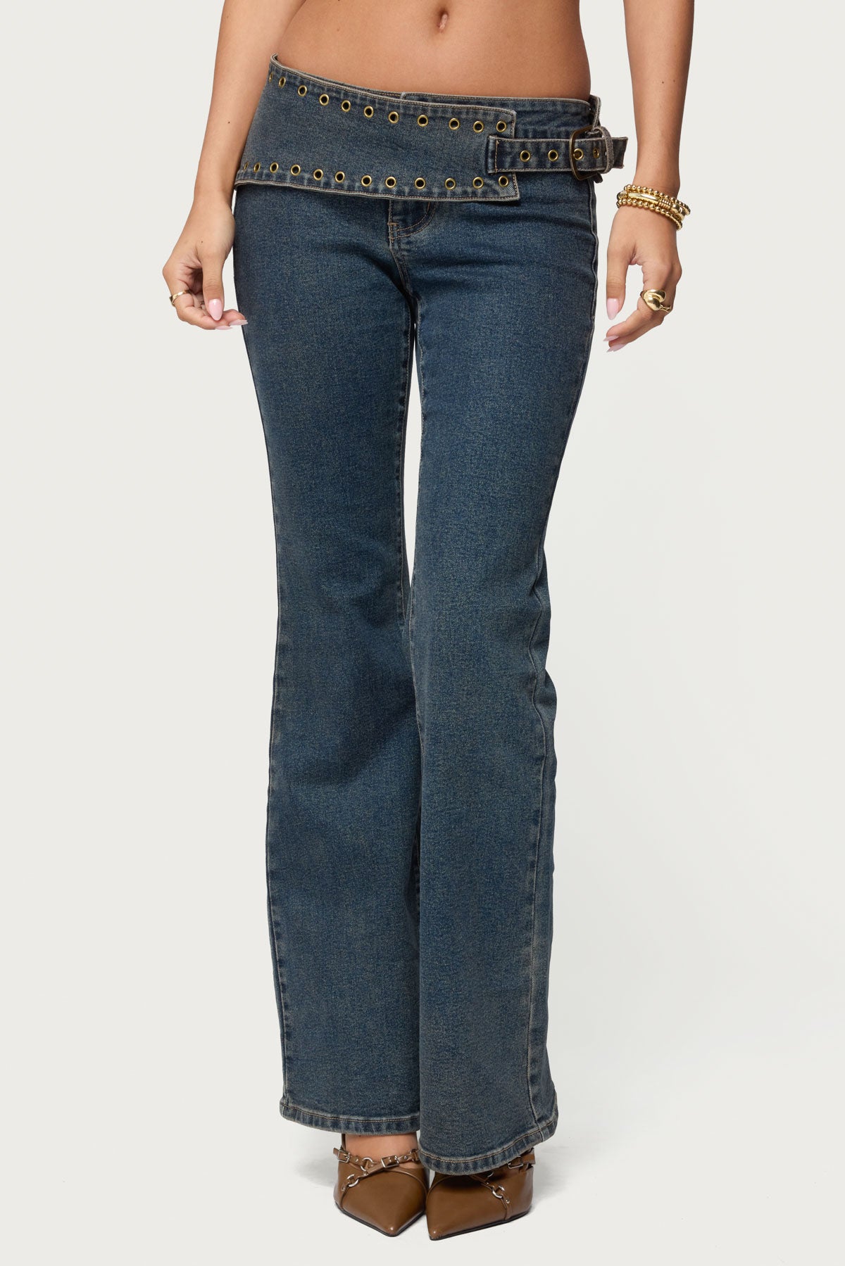Asymmetric Grommet Belt Low Rise Flared Jeans