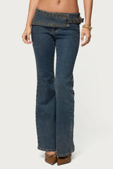 Asymmetric Grommet Belt Low Rise Flared Jeans