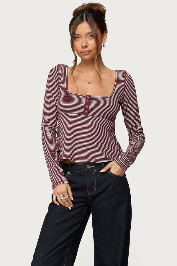 Sare Striped Babydoll Henley Top