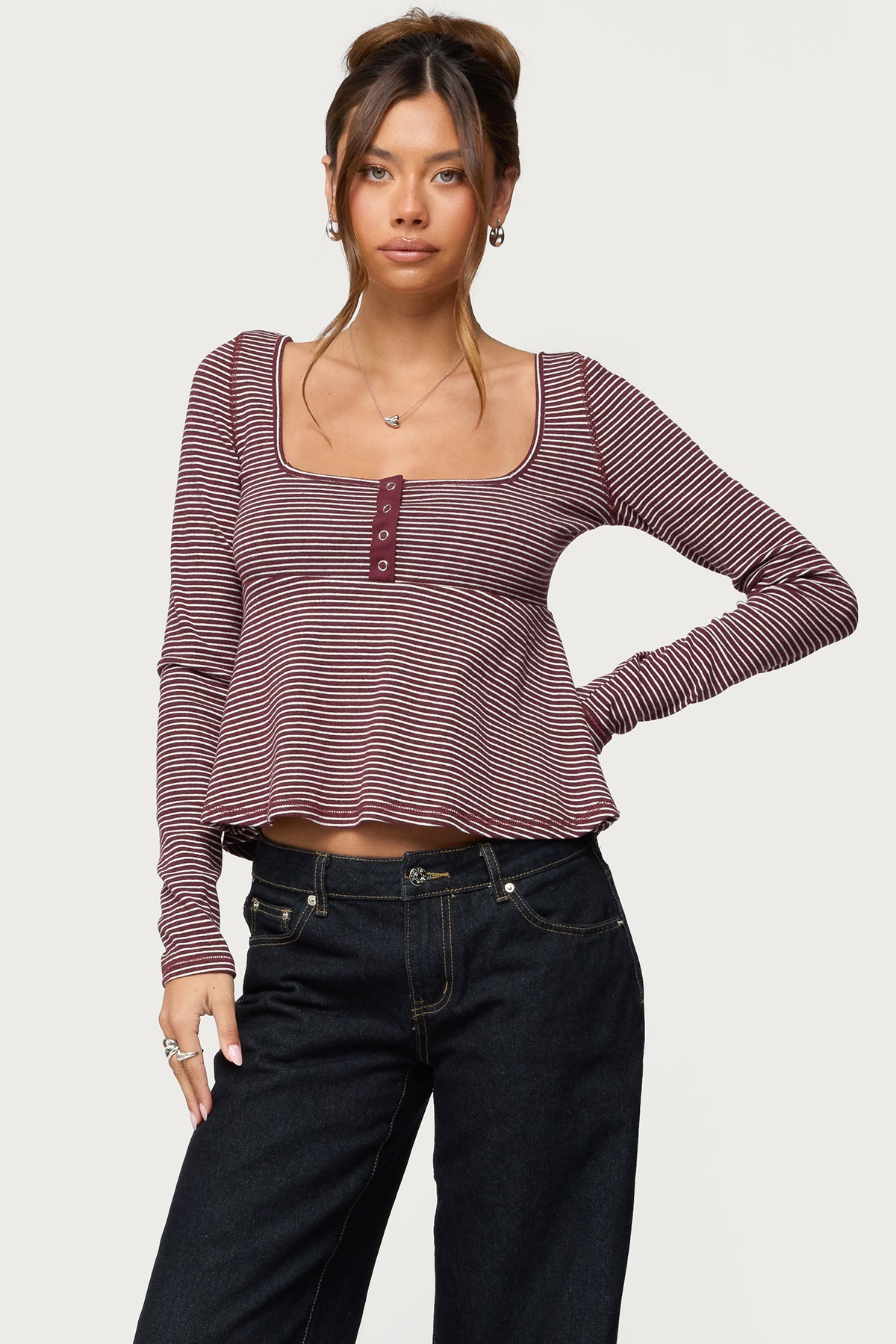 Sare Striped Babydoll Henley Top