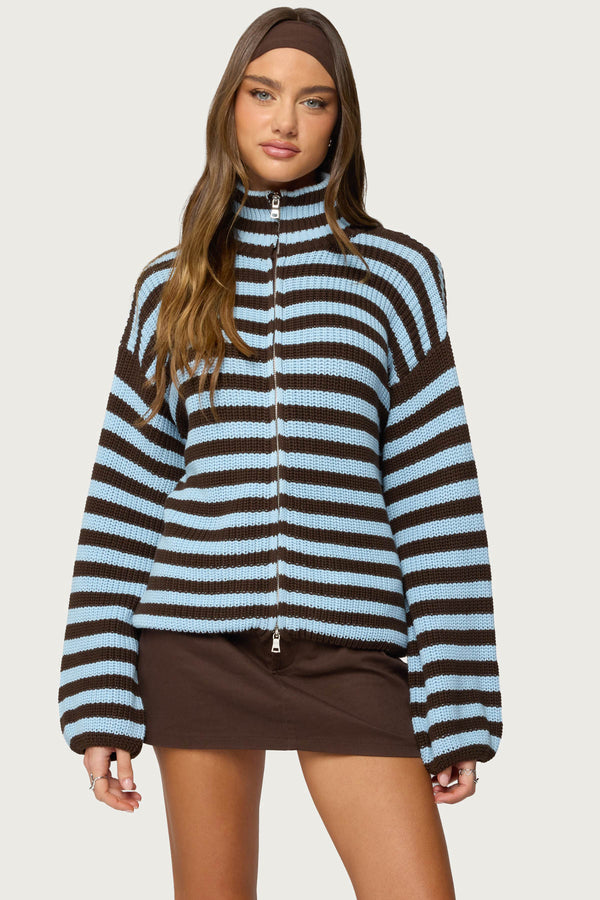 High Neck Striped Zip Up Sweater