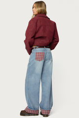 Plaid Cuffed Low Rise Baggy Jeans