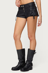 Washed Faux Leather Micro Cargo Shorts