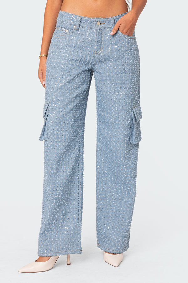 Icing Sequin Low Rise Baggy Cargo Jeans