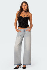 Distressed Hem Low Rise Baggy Jeans