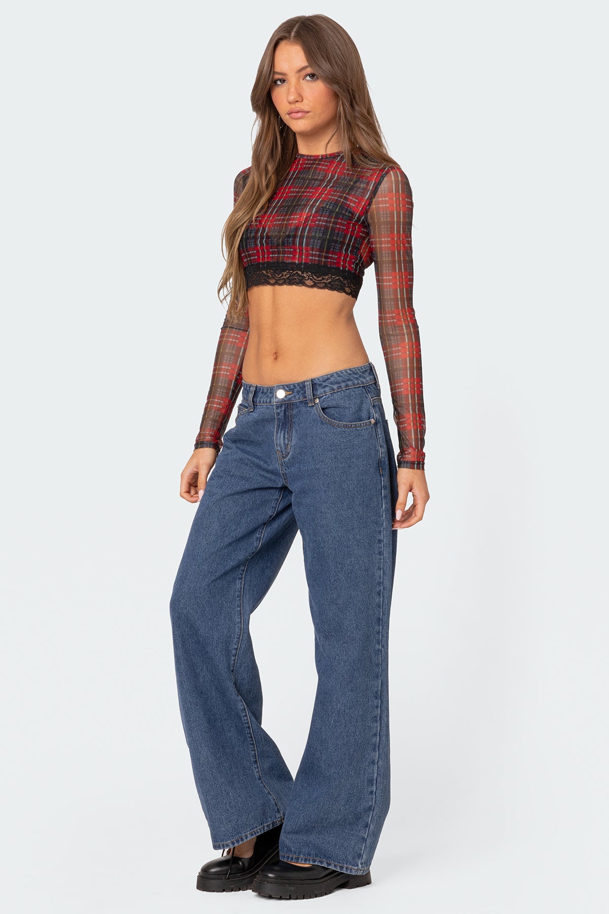 Noel Plaid Printed Mesh Crop Top