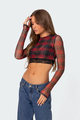 Noel Plaid Printed Mesh Crop Top
