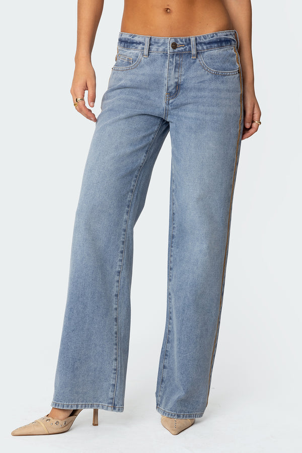 Faux Suede Stripe Low Rise Straight Leg Jeans