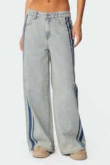Side Stripe Washed Low Rise Baggy Jeans
