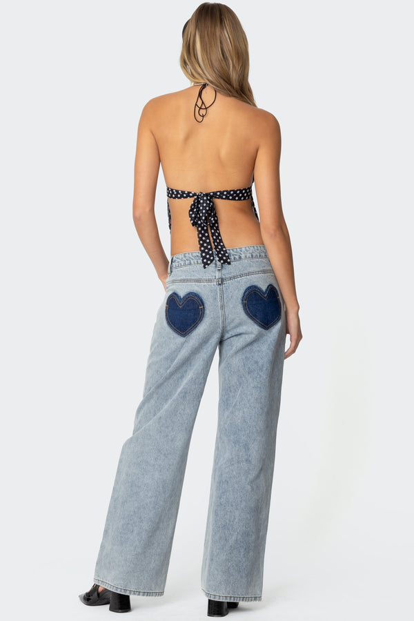 Contrast Heart Washed Low Rise Baggy Jeans