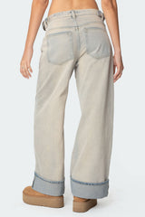 Double Belt Washed Low Rise Baggy Jeans