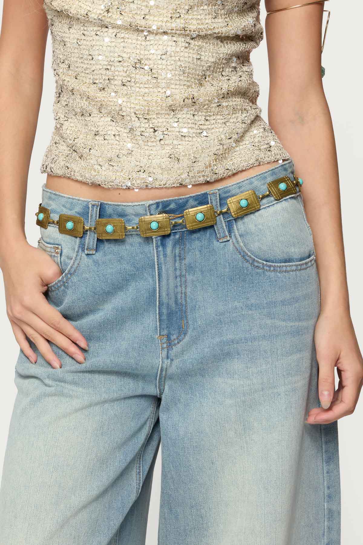 Vintage Stone Square Pendant Chain Belt