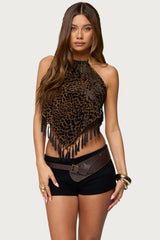 Printed Backless Tassel Handkerchief Top