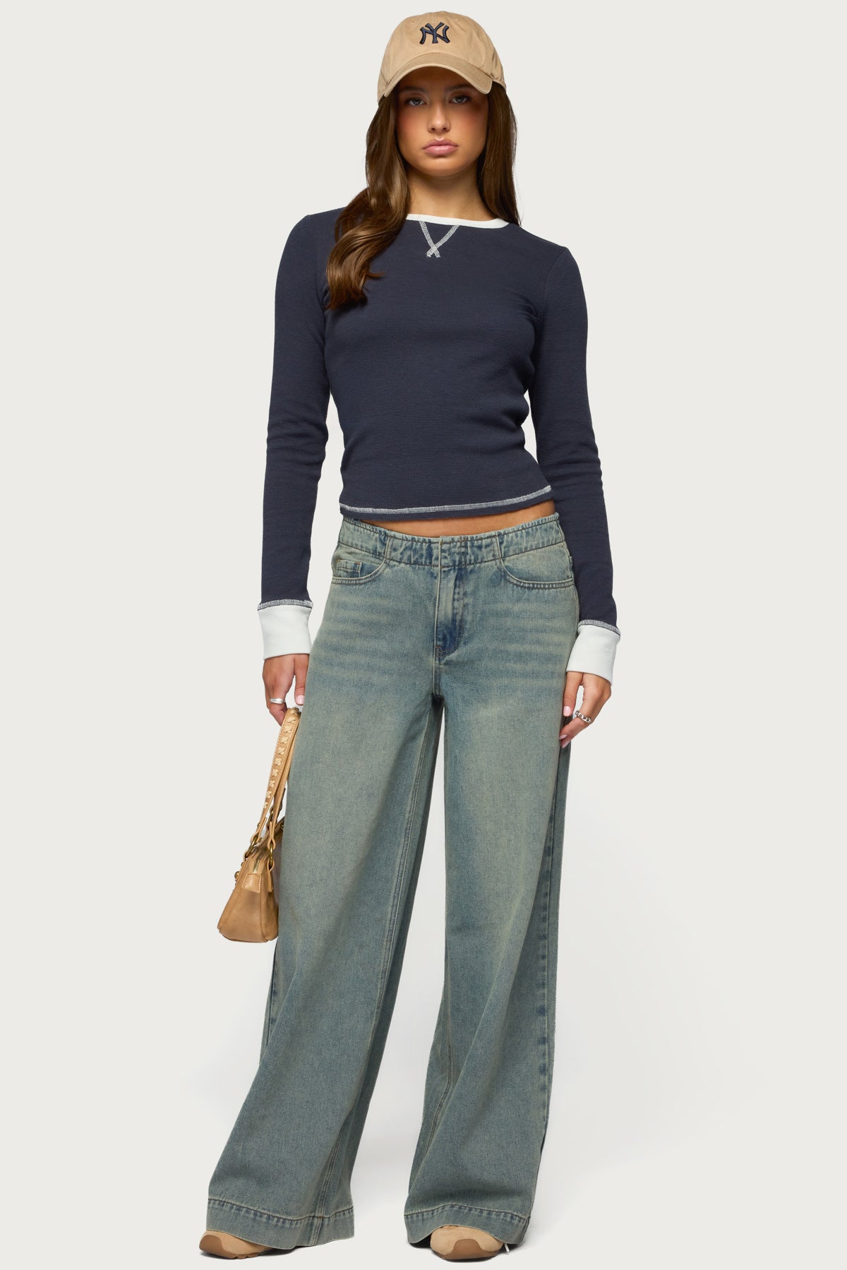 Rora Contrast Long Sleeve Waffle Top