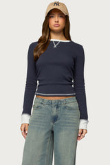 Rora Contrast Long Sleeve Waffle Top