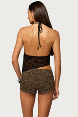 Asymmetric Fringe Sheer Lace Halter Top