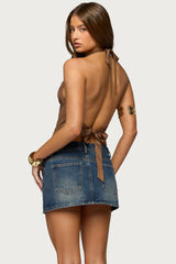 Adeline Faux Suede Cowl Neck Halter Top