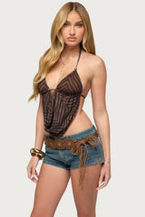 Zebra Mesh Backless Cowl Neck Top