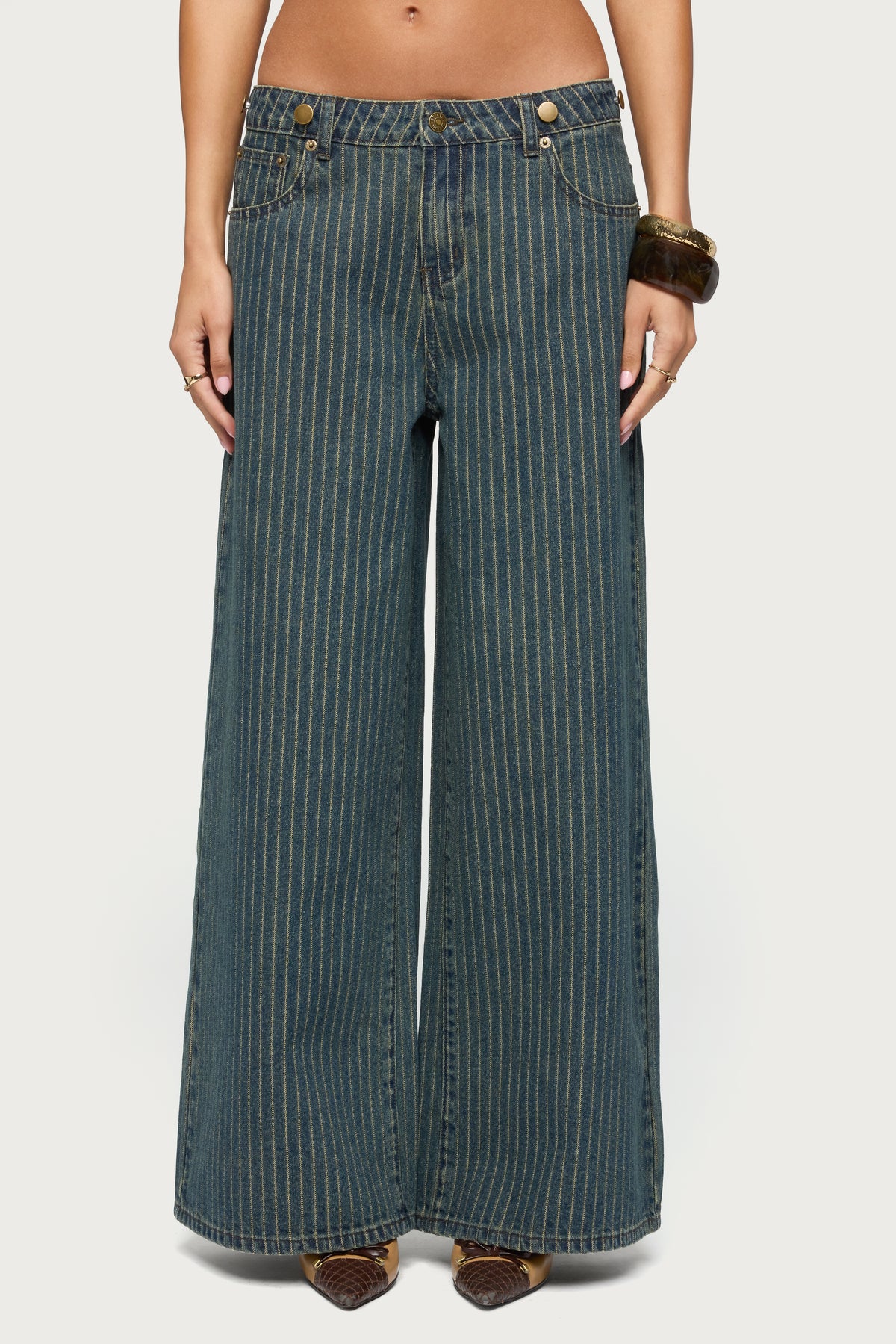 Button Pinstripe Low Rise Baggy Jeans