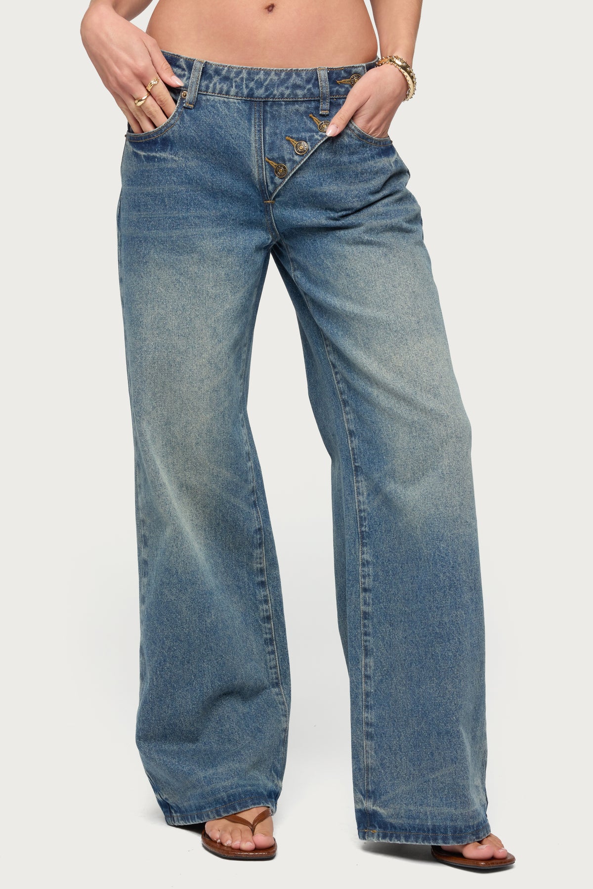 Moxlan Slanted Button Low Rise Baggy Jeans