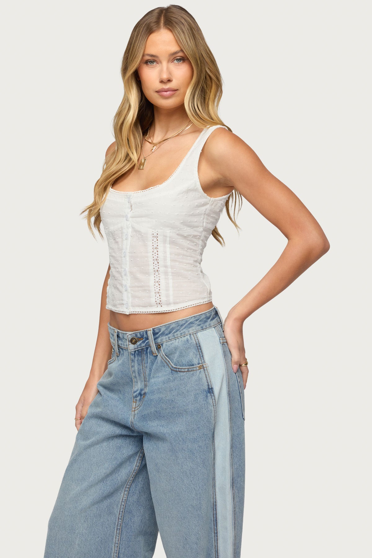 Embroidered Cotton Button Up Top