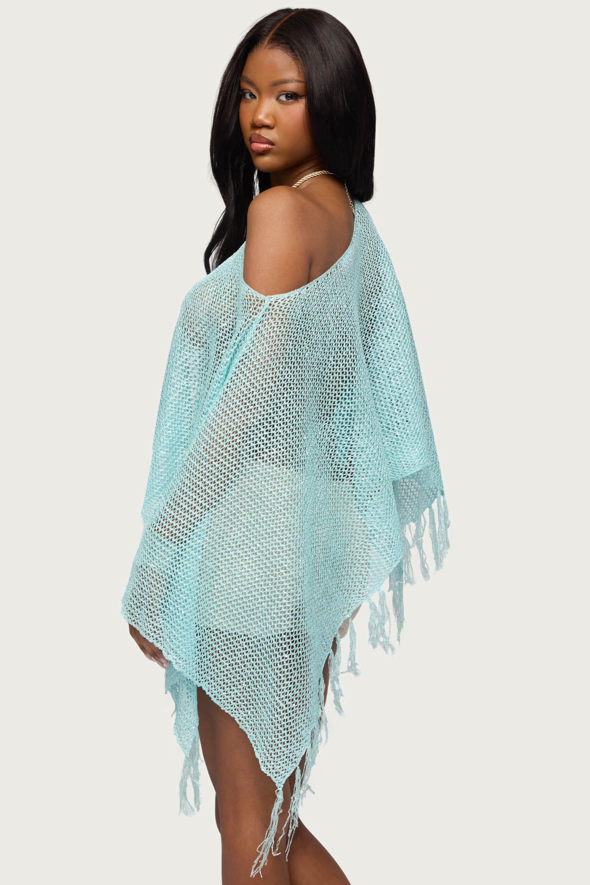 Sequin Fringe Knit Poncho