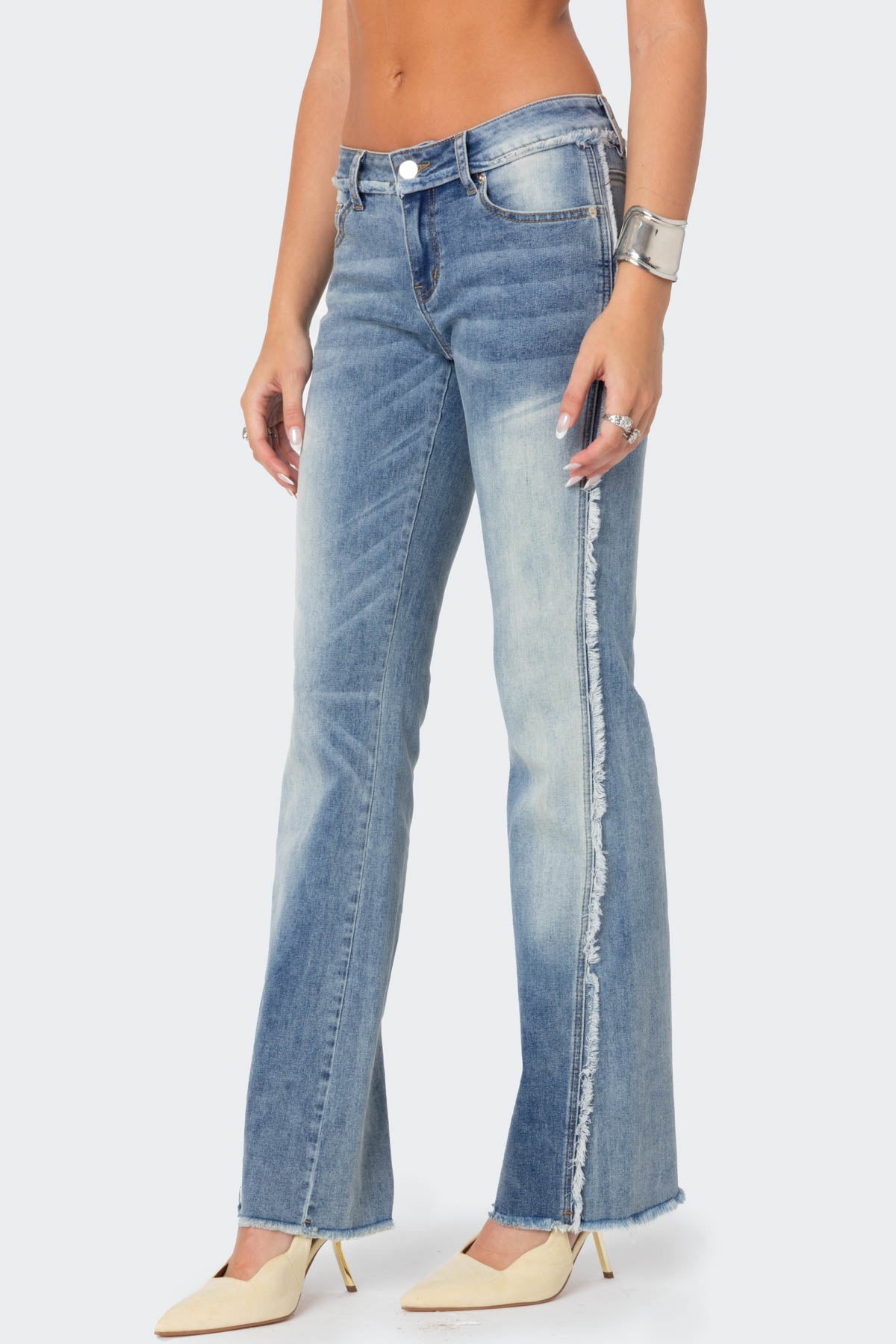Frayed Seam Washed Low Rise Straight Leg Jeans