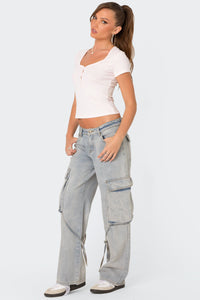 Via Washed Low Rise Baggy Cargo Jeans