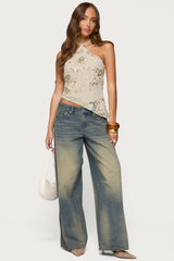 Beaded Sequin Asymmetric Halter Top