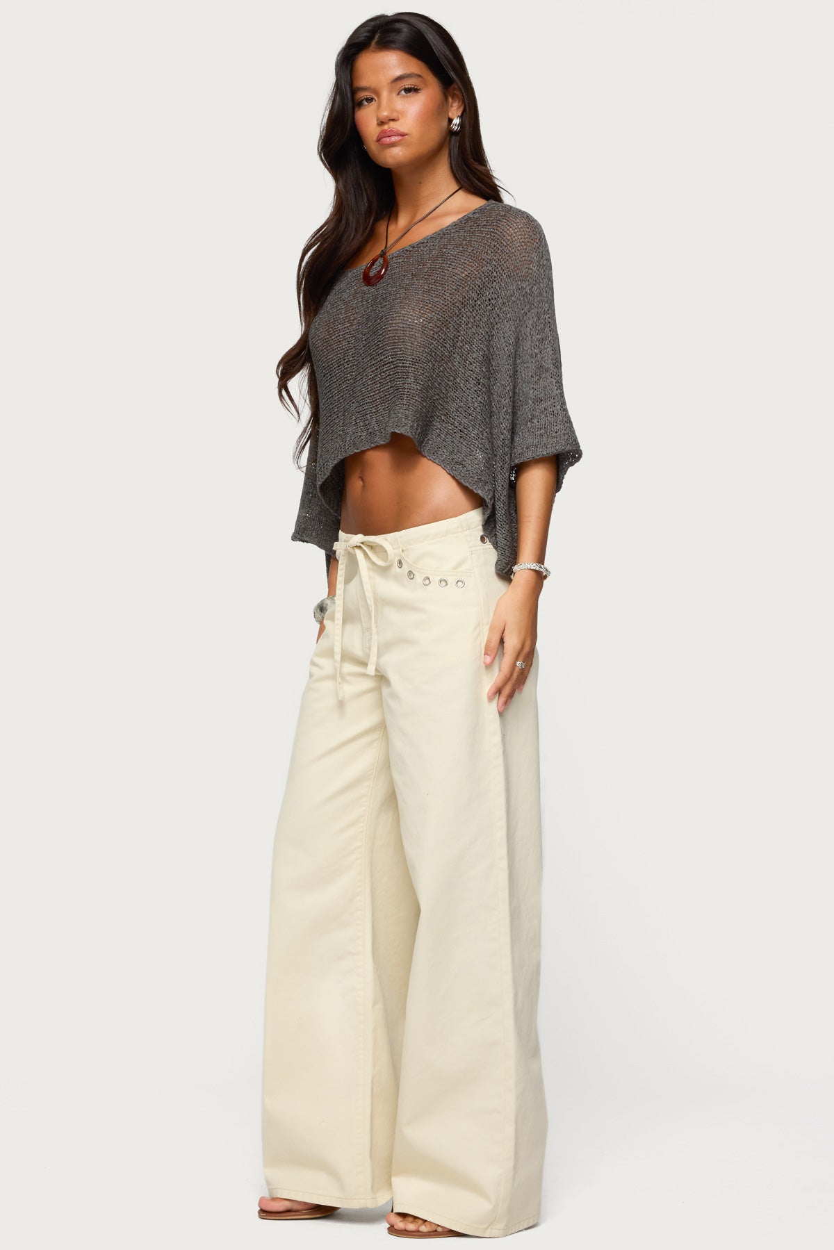 Grommet Tie Waist Low Rise Baggy Jeans