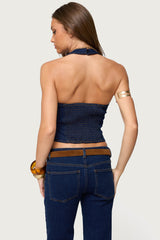 Jemima Contrast Stitch Denim Halter Top