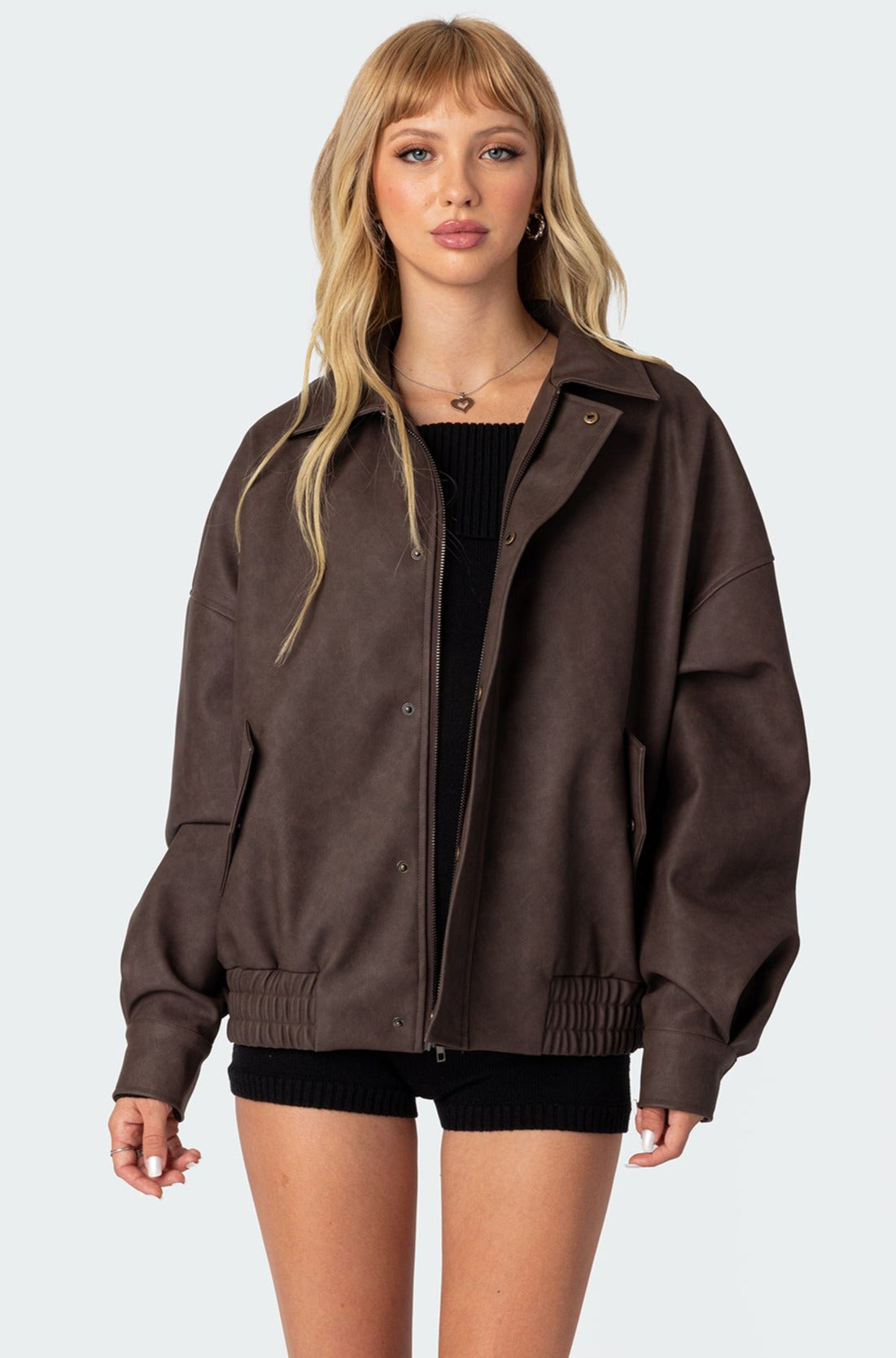 EDIKTED Vegan Leather Bomber Jacket - Brown | Large