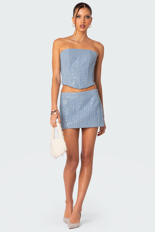 Icing sequined denim mini skirt