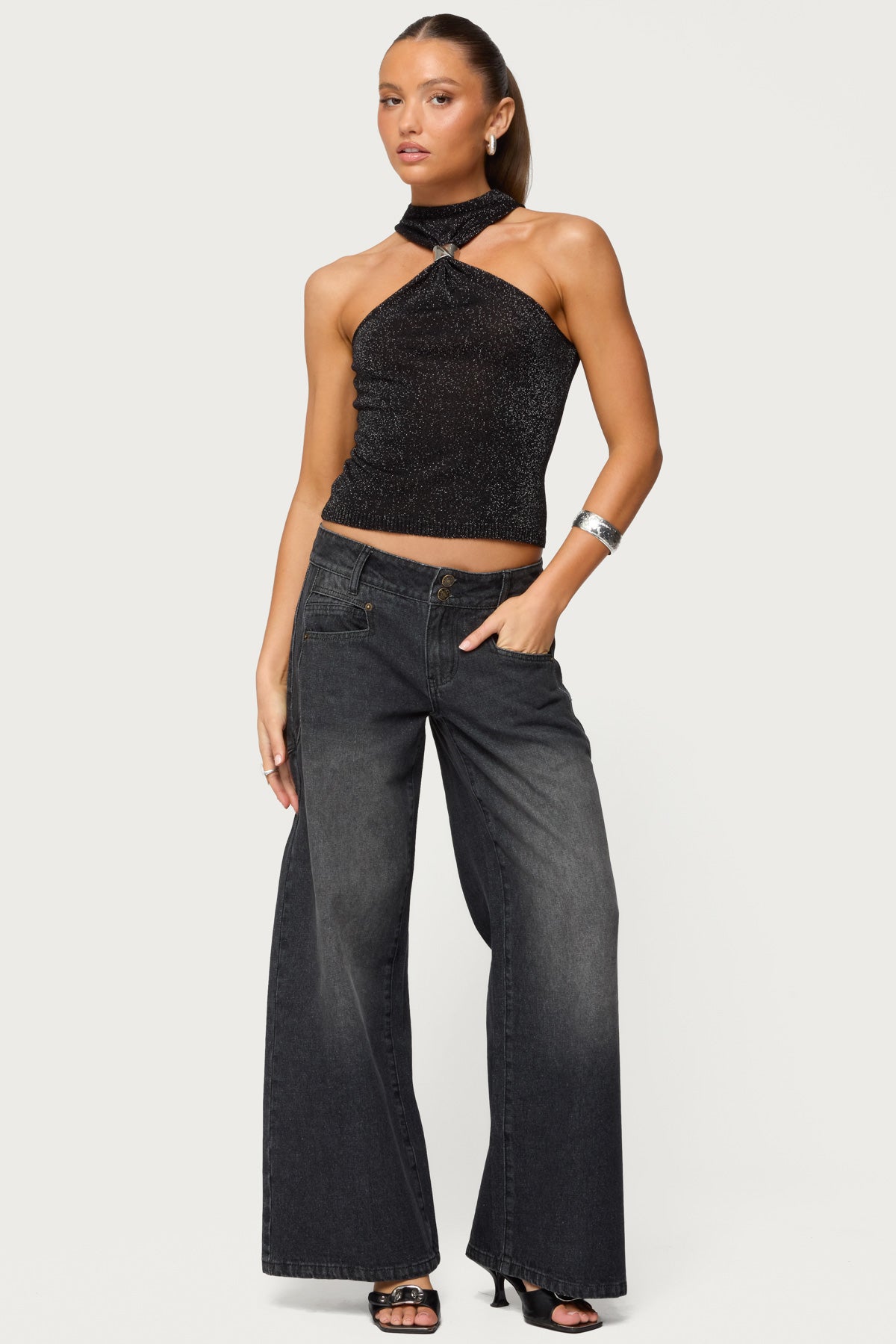 Nalia Gathered Ring Glitter Knit Top