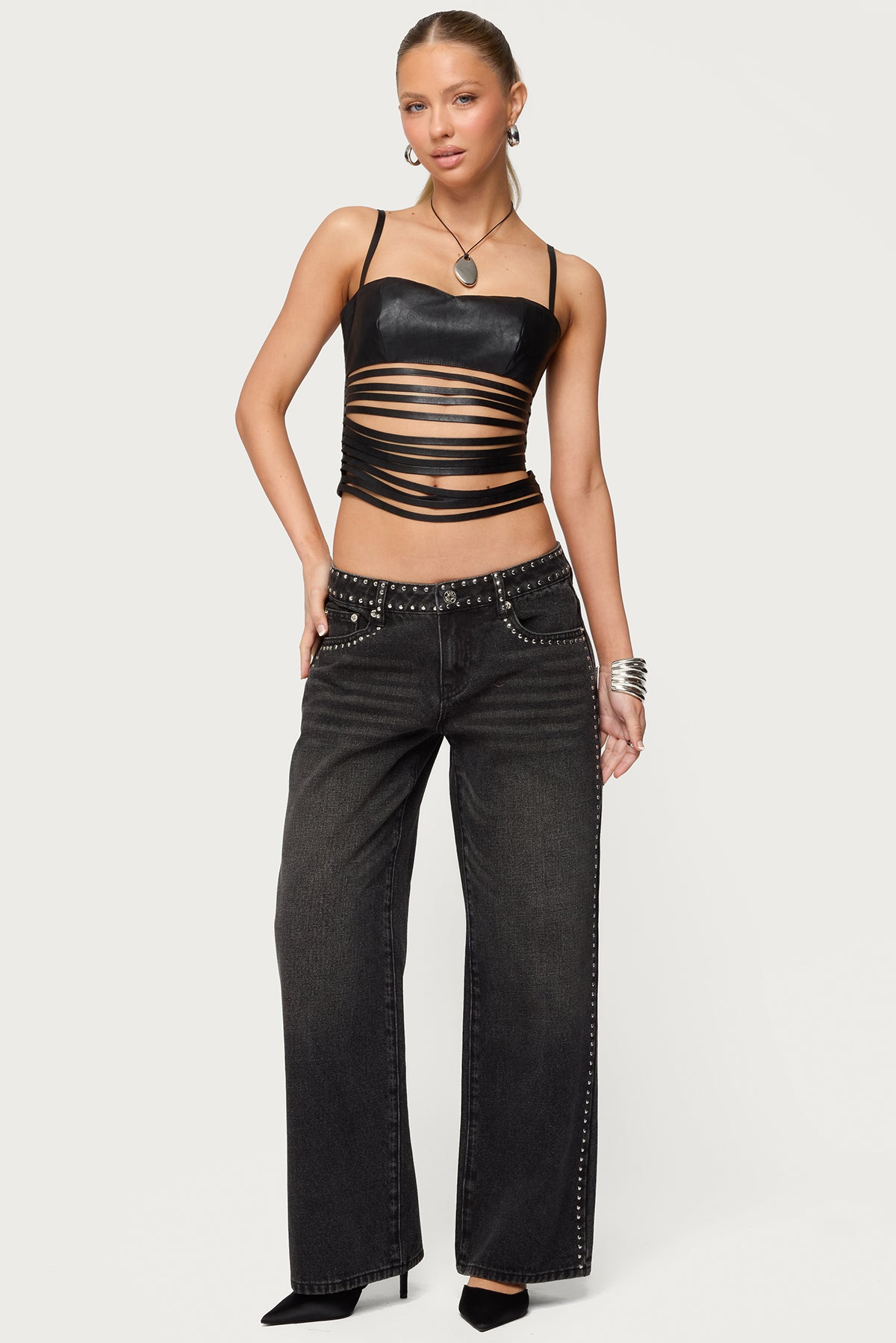 Nia Cutout Shredded Faux Leather Top
