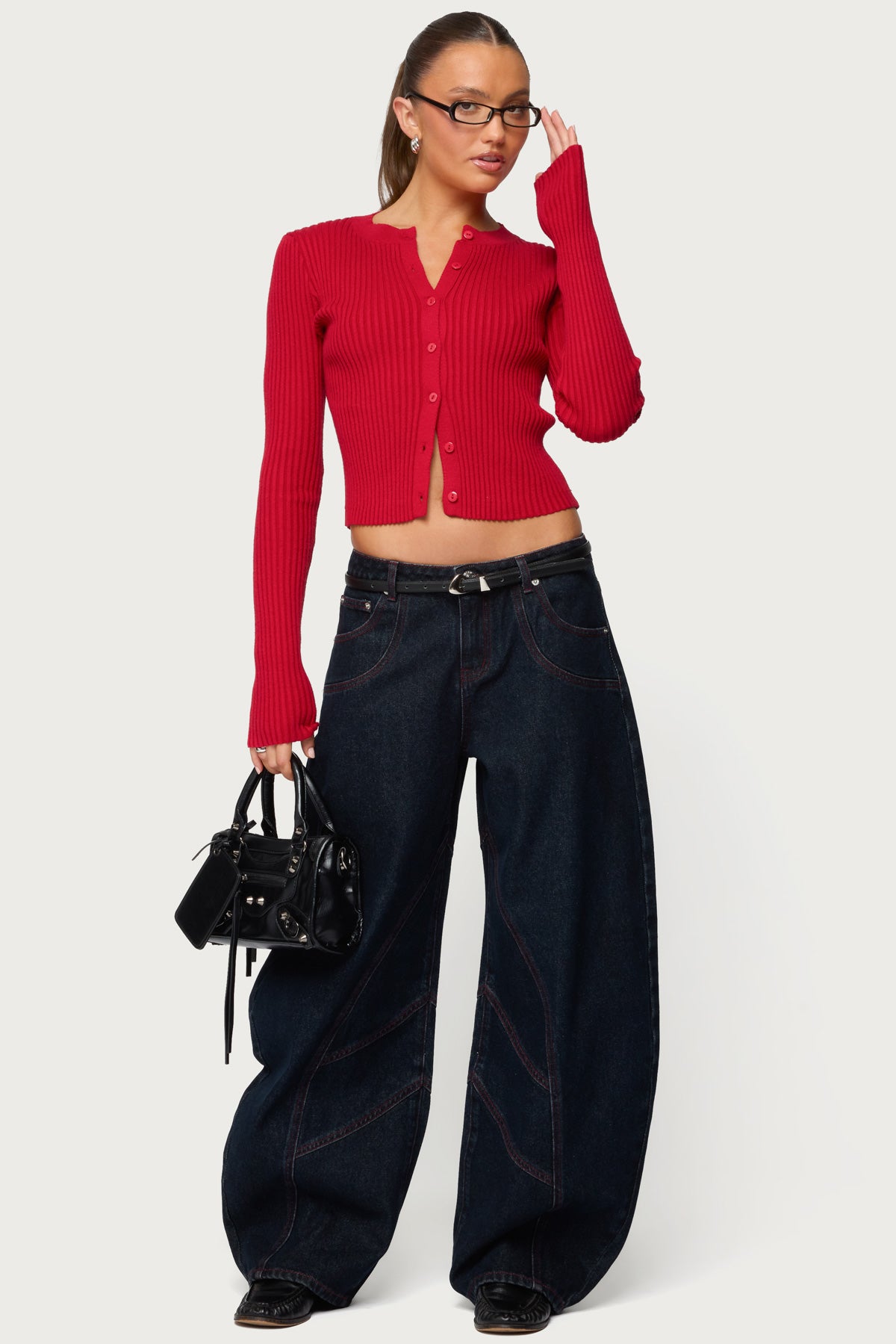 Double Pocket Low Rise Barrel Leg Jeans