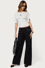 Grommet Tie Waist Low Rise Baggy Jeans