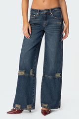 Slitted Distressed Low Rise Baggy Jeans