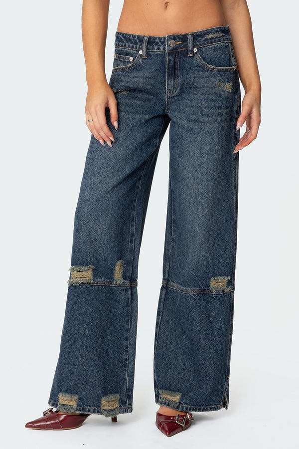 Slitted Distressed Low Rise Baggy Jeans
