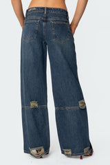 Slitted Distressed Low Rise Baggy Jeans