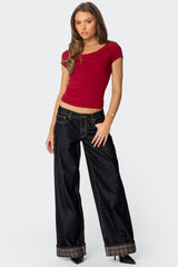 Plaid Cuffed Low Rise Baggy Jeans