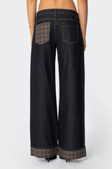 Plaid Cuffed Low Rise Baggy Jeans