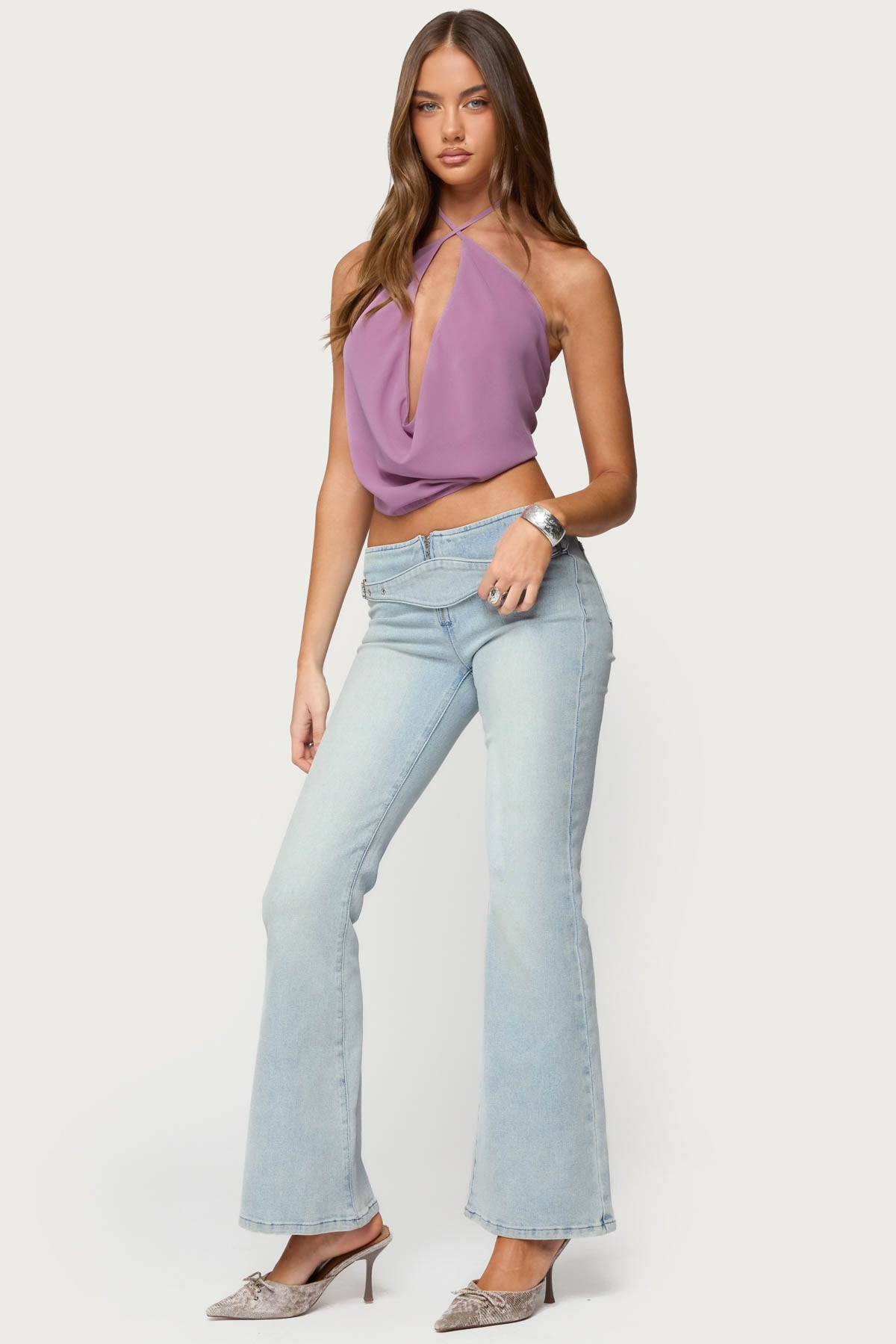 Chiffon Backless Cowl Neck Top