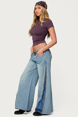 Zippered Washed Low Rise Wide Leg Jeans