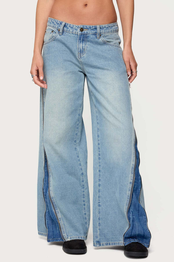 Zippered Washed Low Rise Wide Leg Jeans