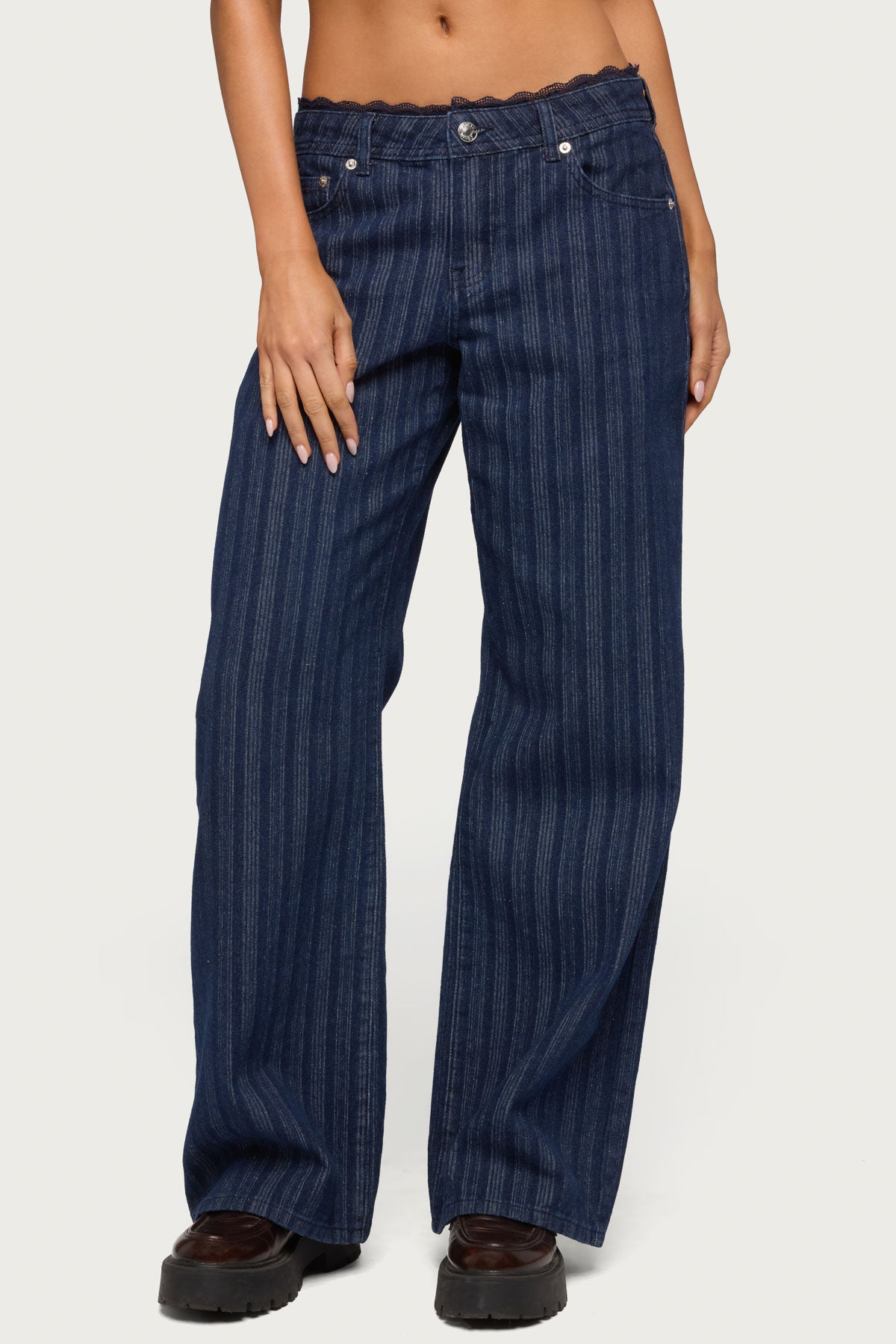 Lace Trim Striped Low Rise Baggy Jeans