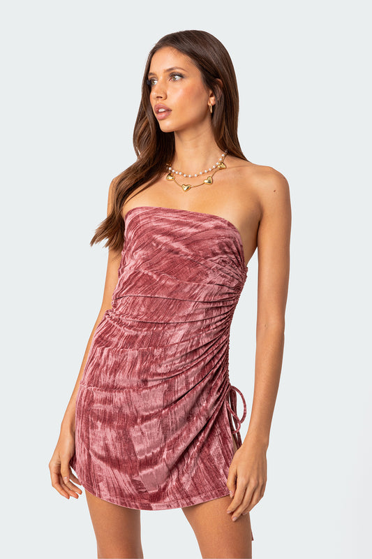 Crushed Velvet Drawstring Mini Dress