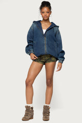 Hooded Vintage Washed Denim Bomber Jacket